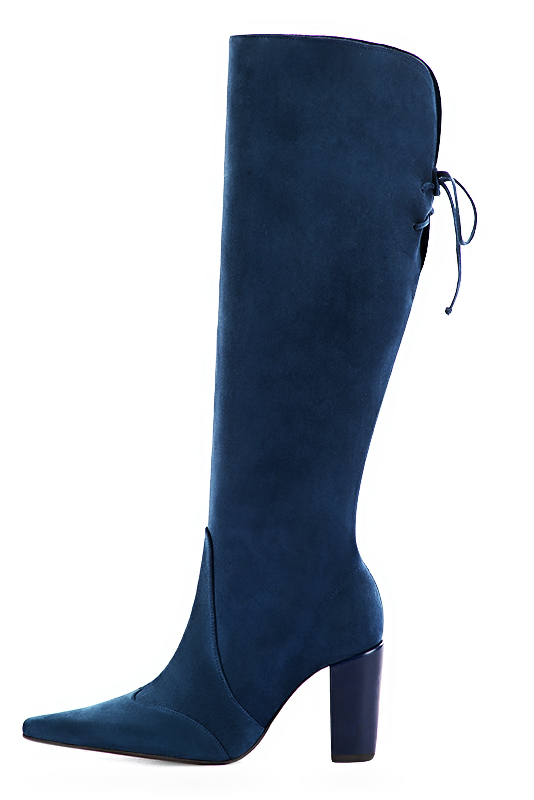 Navy blue women's knee-high boots, with laces at the back. Pointed toe. High block heels. Made to measure. Profile view - Florence KOOIJMAN